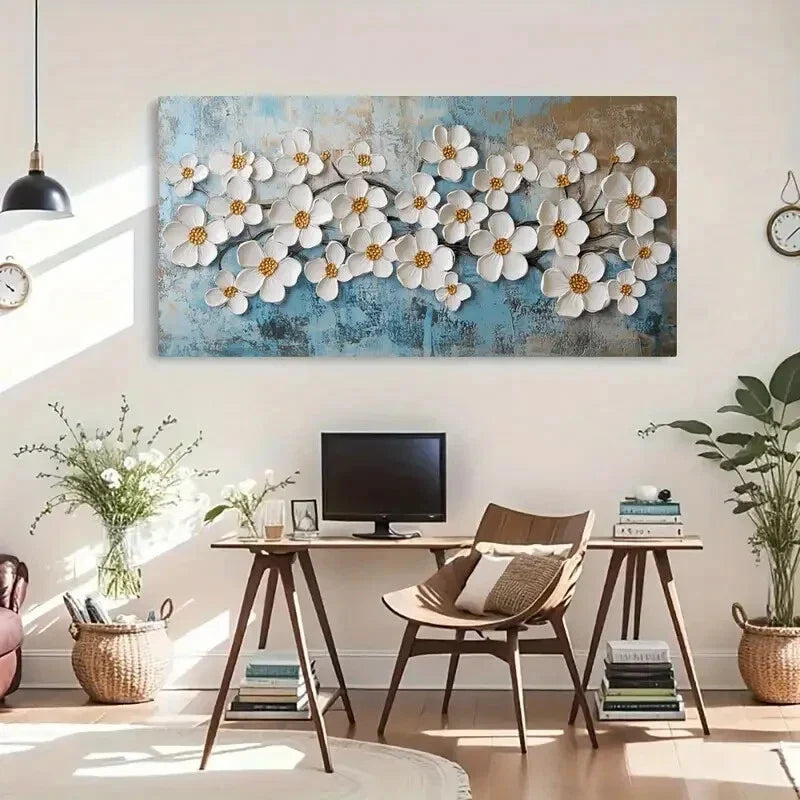 Elegant White Petals & Golden Wall Art Canvas Office Home Room Framed 120x60cm