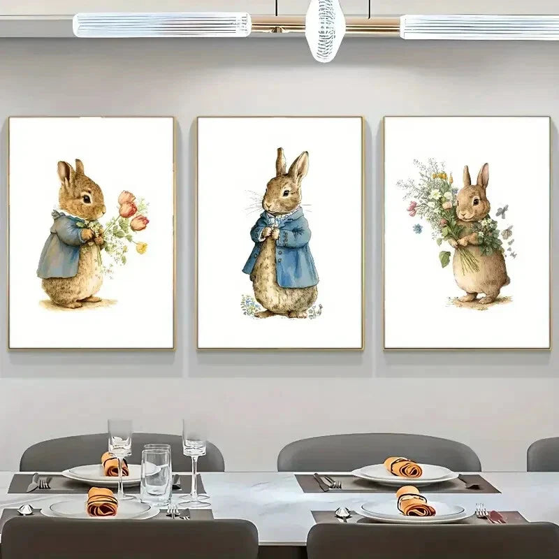 3pcs Adorable Bunny And Floral Artwork Metal Print Ready to Hang Art