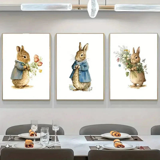 3pcs Adorable Bunny And Floral Artwork Metal Print Ready to Hang Art