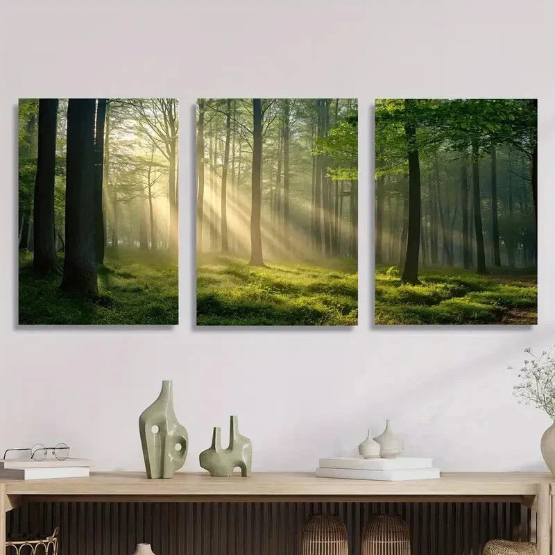 3pcs Sunlight Shining Through Green Forest, Metal Print Ready to Hang Art