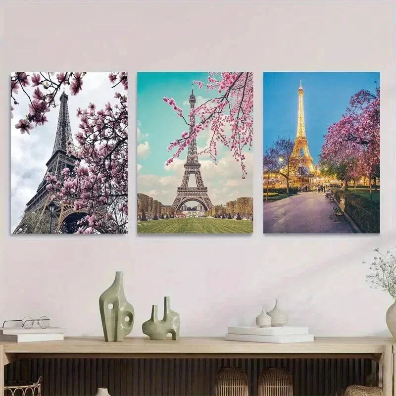 3pcs Beautiful Eiffel Tower Triptych Landscape Wall Art Set Canvas Framed 40x60cm - High Quality Print 100% Australian Made Wall Canvas Ready to Hang