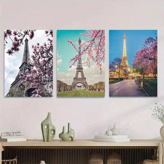 3pcs Beautiful Eiffel Tower Triptych Landscape Wall Art Set Canvas Framed 40x60cm - High Quality Print 100% Australian Made Wall Canvas Ready to Hang