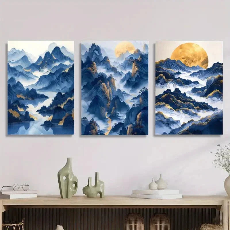 3pcs mountain and river pictures, golden ink Metal Print Ready to Hang Art
