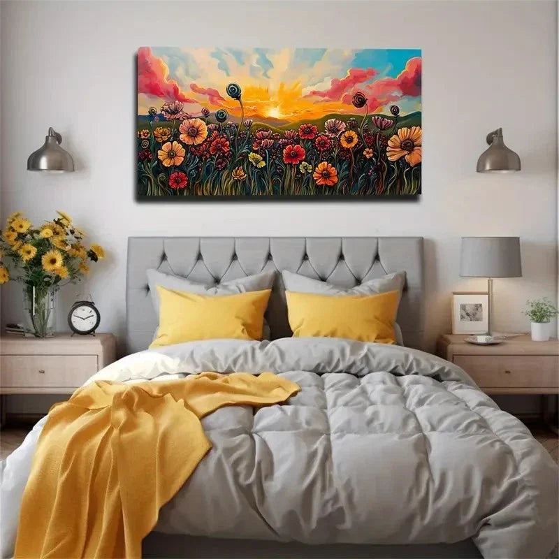Wildflowers And Sunset Fields Wall Art Canvas Office Home Room Framed 120x60cm
