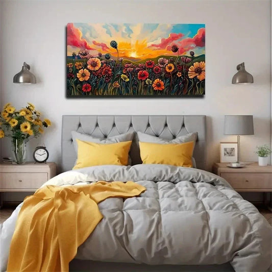 Wildflowers And Sunset Fields Wall Art Canvas Office Home Room Framed 120x60cm