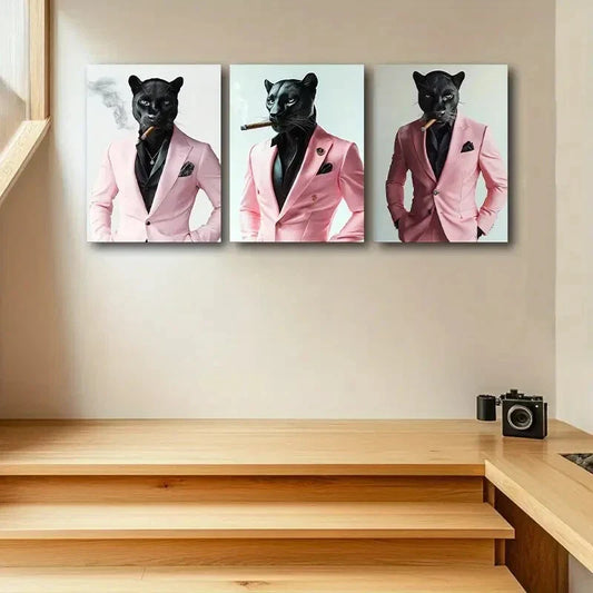 3pcs Featuring Leopards in Pink Suits Metal Print Ready to Hang Art