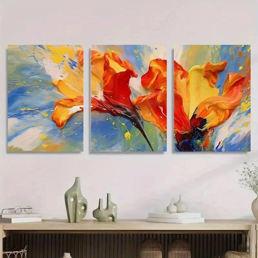 3pcs Abstract Floral Burst Vibrant Orange, Red Metal Print Ready to Hang Art