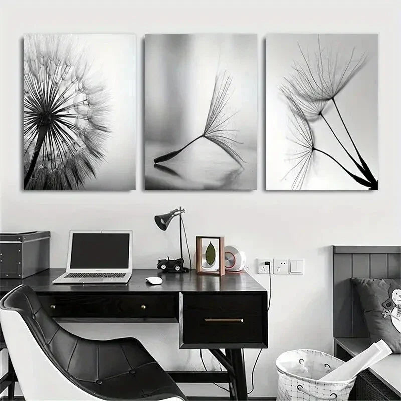 3pcs Dandelion Floral Lines Black &amp; White Metal Print Ready to Hang Art