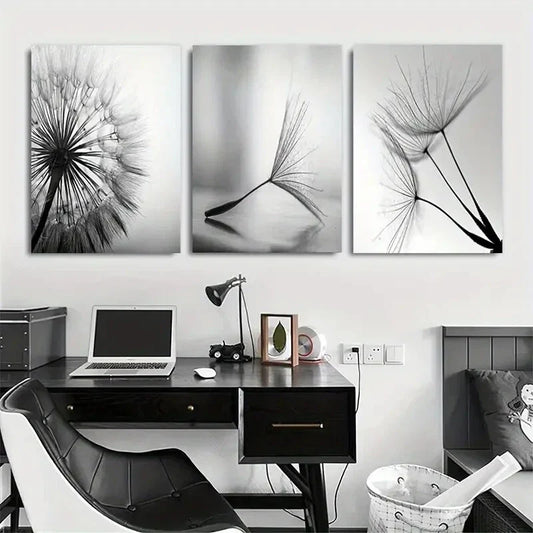 3pcs Dandelion Floral Lines Black &amp; White Metal Print Ready to Hang Art