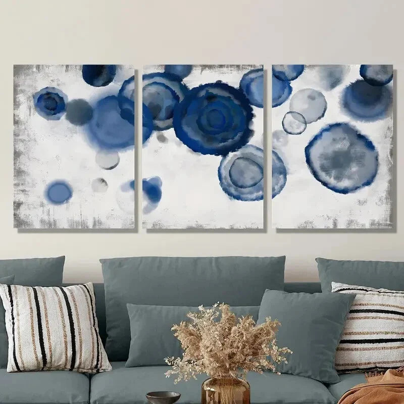 3pcs Navy Blue & White Abstract Watercolor   Metal Print Ready to Hang Art