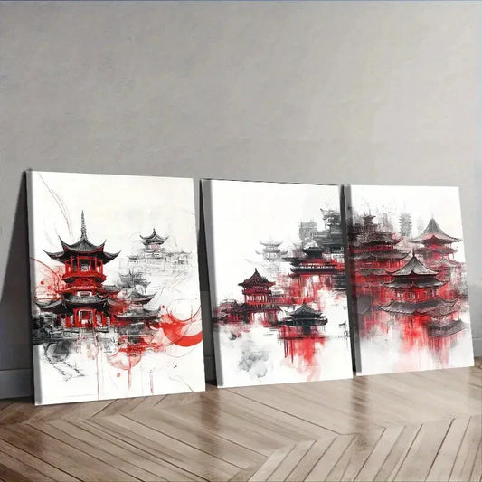 3pcs Traditional Chinese Architecture Wall Art Set Canvas Framed 40x60cm - High Quality Print 100% Australian Made Wall Canvas Ready to Hang