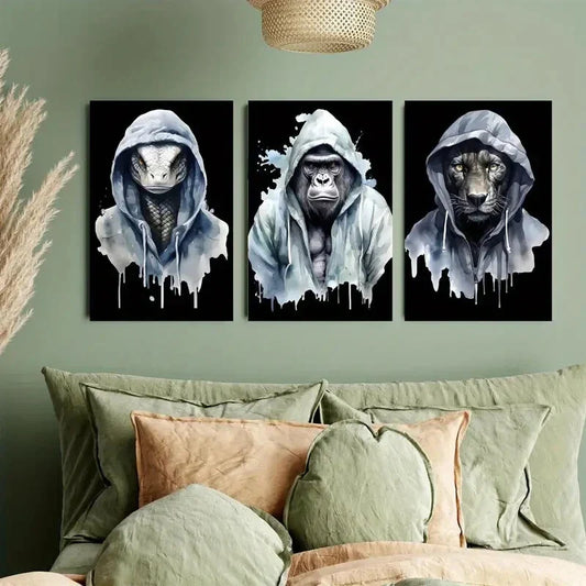 3pcs Hoodie Animal in Black Background Metal Print Ready to Hang Art