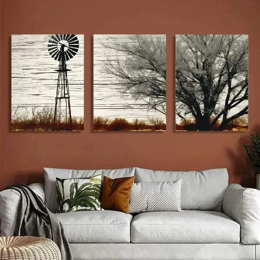 3pcs Rustic Windmill & Trees Canvas Wall Art Metal Print Ready to Hang Art
