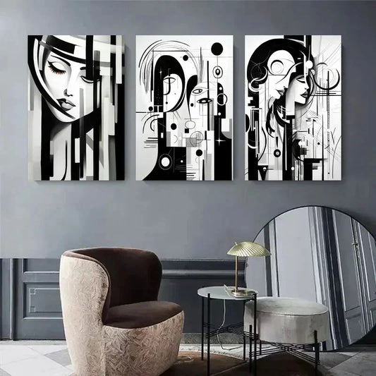 3pcs Abstract Black and White Woman Portrait Metal Print Ready to Hang Art