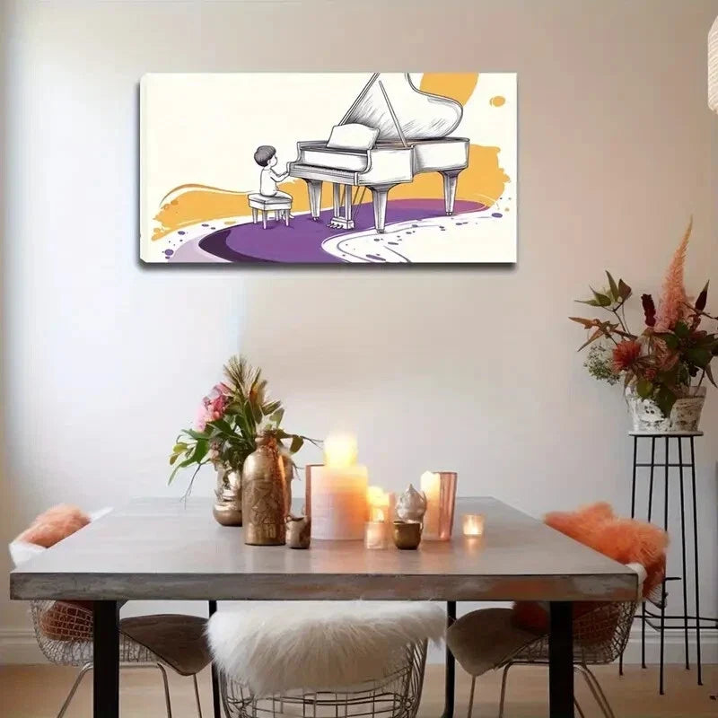 Piano Scene with Young Pianist Wall Art Canvas Office Home Room Framed 120x60cm