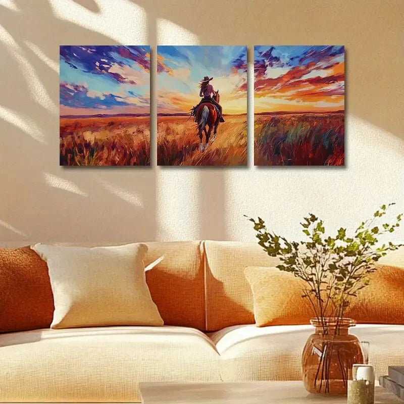 3pcs The Woman on the Prairie, Vibrant Sunset Metal Print Ready to Hang Art