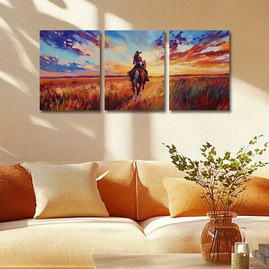 3pcs The Woman on the Prairie, Vibrant Sunset Metal Print Ready to Hang Art