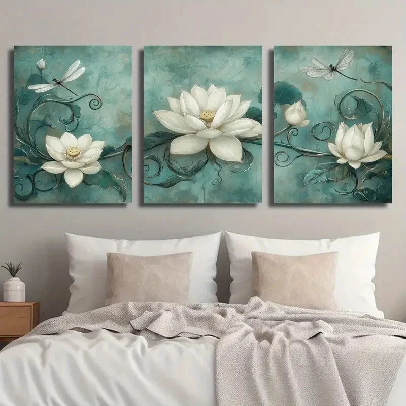 3pcs Chinese Style White Lotus Plant Metal Print Ready to Hang Art