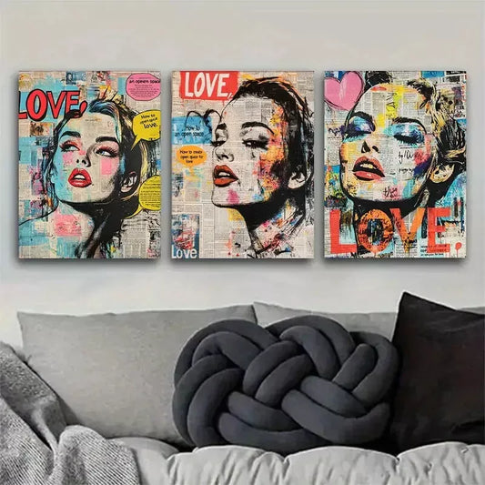 3pcs  Colorful Vintage Pop Art Female Portraits Wall Art Set Canvas Framed 40x60cm - High Quality Print 100% Australian Made Wall Canvas Ready to Hang