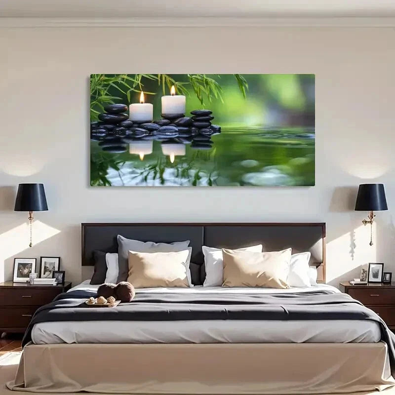 Tranquil Water & Stone Candles Wall Art Canvas Office Home Room Framed 120x60cm