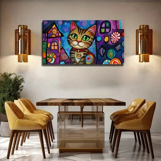 Cartoon Cat Aesthetic Wall Art Canvas Office Home Room Framed 120x60cm