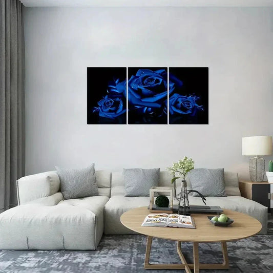 3pcs Royal Blue Floral Prints on Black Background Metal Print Ready to Hang Art
