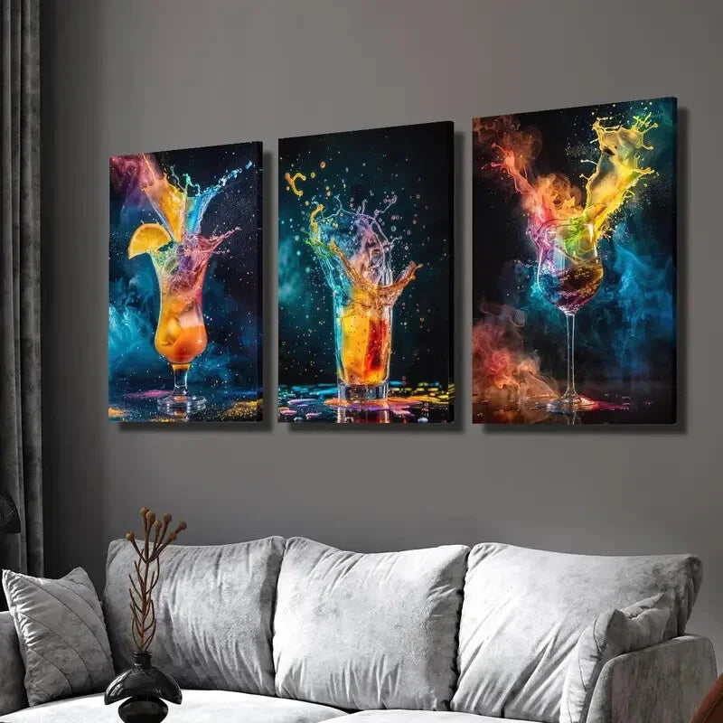 3pcs  Colorful Drink Splashes, Starry Night Wall Art Set Canvas Framed 40x60cm - High Quality Print 100% Australian Made Wall Canvas Ready to Hang