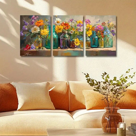 3pcs Colorful Glass Vase Arrangements Metal Print Ready to Hang Art