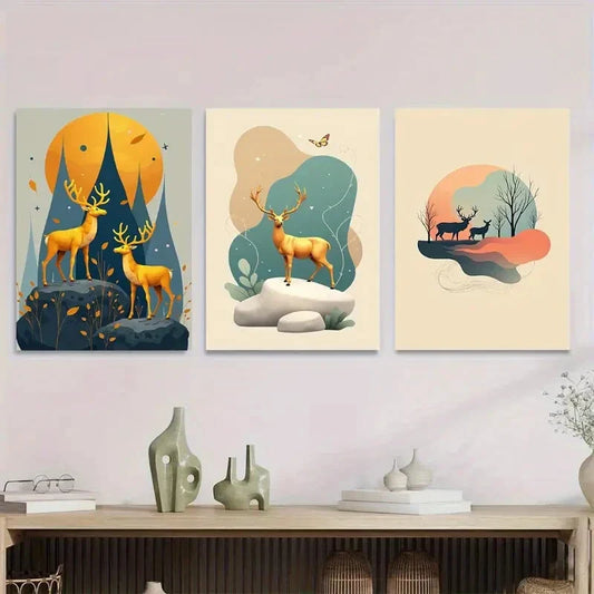 3pcs Modern Deer Forest Elegant Nature Metal Print Ready to Hang Art