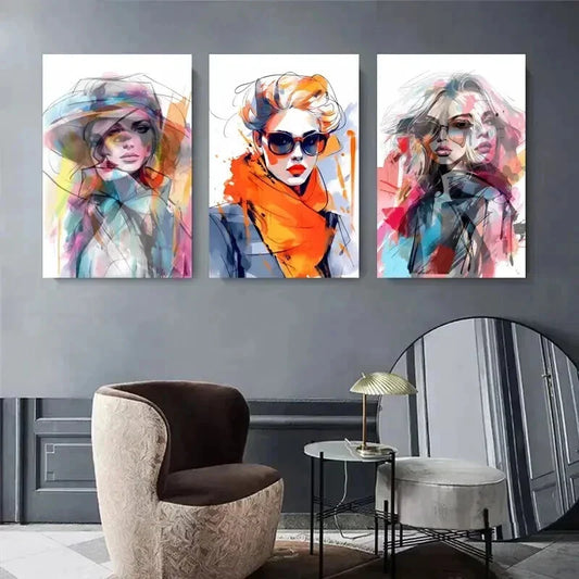 3pcs Vibrant Women in Hats & Scarves, Modern Metal Print Ready to Hang Art