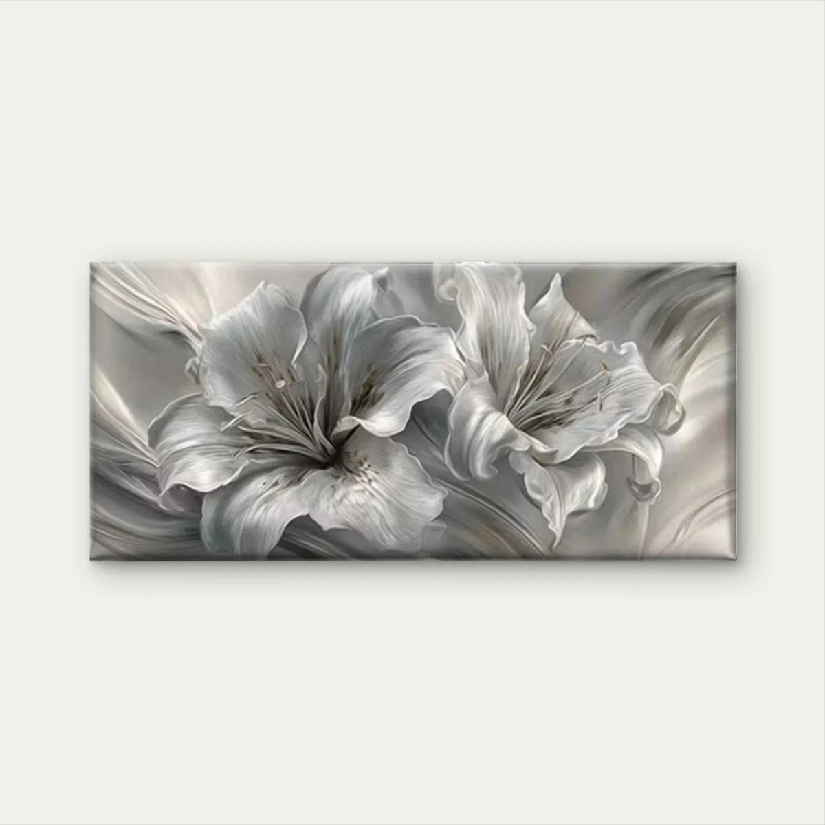 Abstract Silvery White Lily Wall Art Canvas Office Home Room Framed 80x45cm