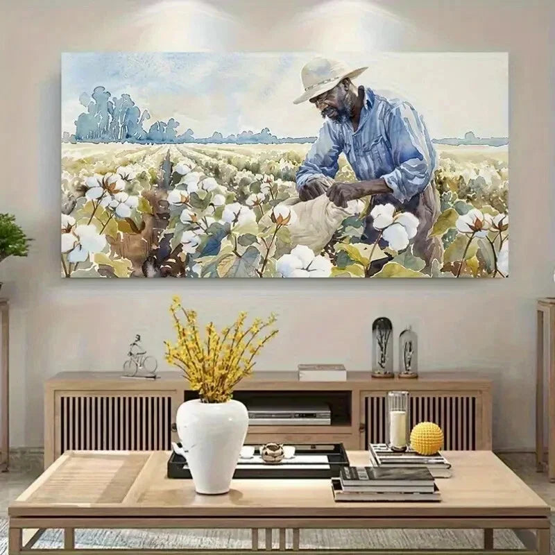 Farmer Cotton Field Nature Wall Art Canvas Office Home Room Framed 80x45cm