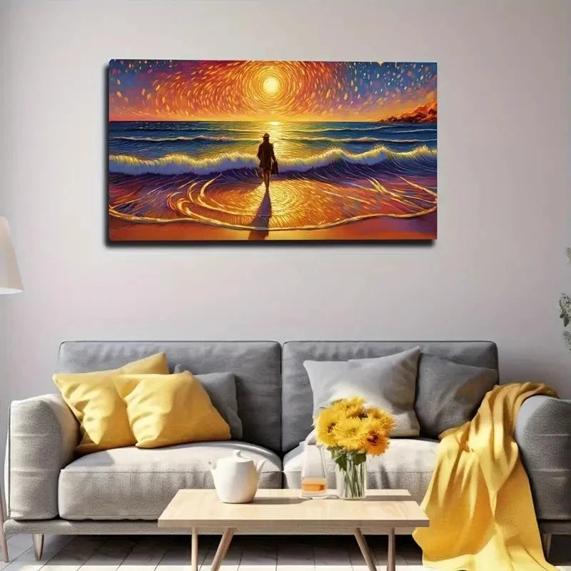 Vibrant Sunset Beach Wall Art Canvas Office Home Room Framed 120x60cm