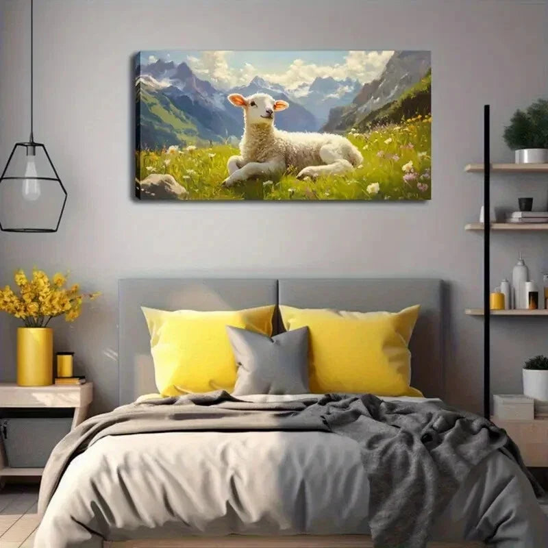 Serene Lamb Wildflower Meadow Wall Art Canvas Office Home Room Framed 120x60cm