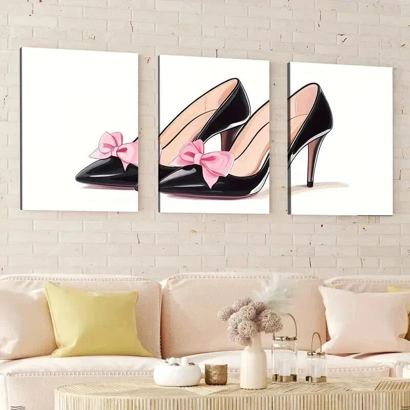 3pcs Black High Heels Pink Bows Modern White Wall Art Set Canvas Framed 40x60cm - High Quality Print 100% Australian Made Wall Canvas Ready to Hang