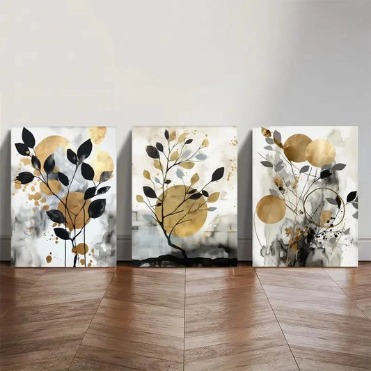 3pcs Black & Golden Watercolor Abstract Wall Art Metal Print Ready to Hang Art