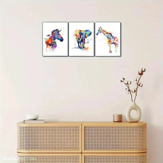 3pcs Artistic Elephant Giraffe Zebra Zoo Metal Print Ready to Hang Art