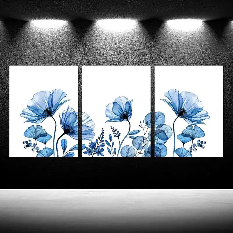 3pcs Blue Floral Painting Metal Print Ready to Hang Art