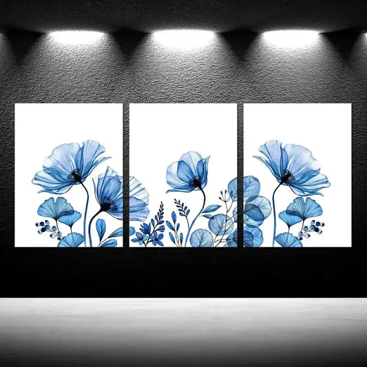 3pcs Blue Floral Painting Metal Print Ready to Hang Art