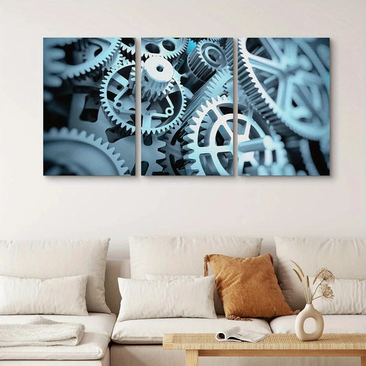 3pcs White Mechanical Cogs Gears Geometric Shapes Metal Print Ready to Hang Art