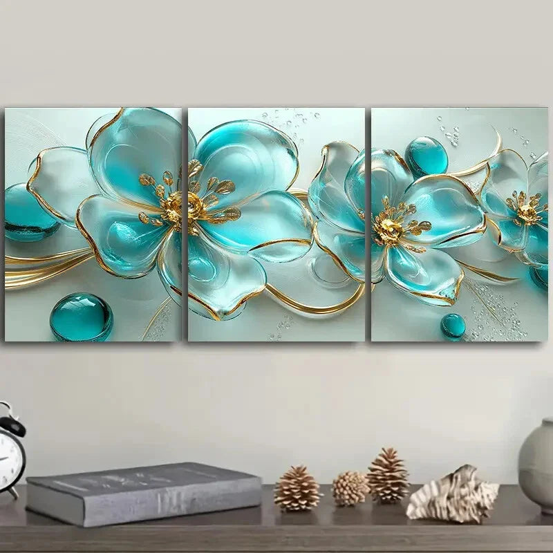 3pcs  Turquoise glass flowers  Metal Print Ready to Hang Art