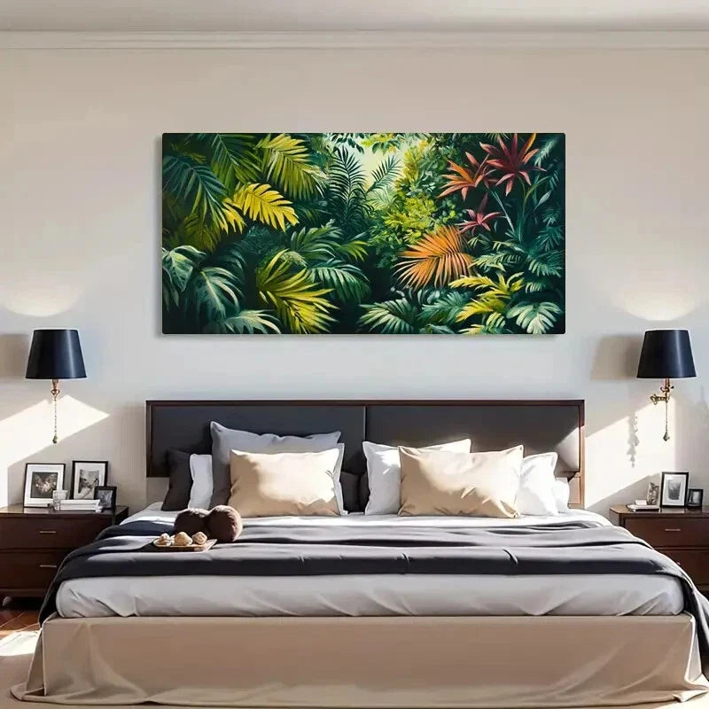 Tropical Jungle Vibrant Green Wall Art Canvas Office Home Room Framed 120x60cm