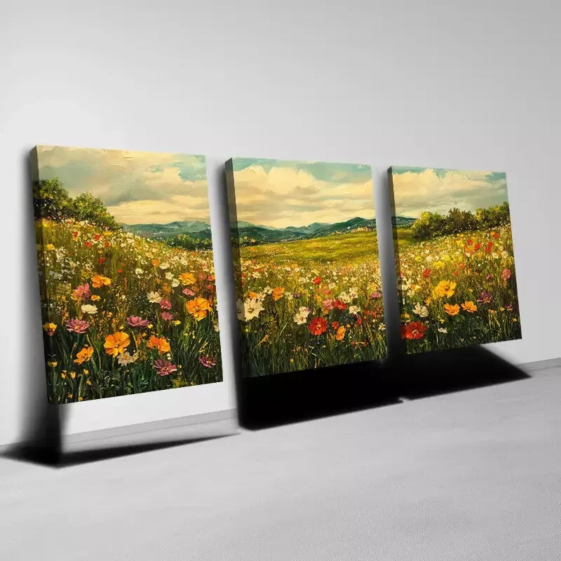 3pcs Serene Wildflowers Meadow Sky Landscape Wall Art Set Canvas Framed 40x60cm - High Quality Print 100% Australian Made Wall Canvas Ready to Hang