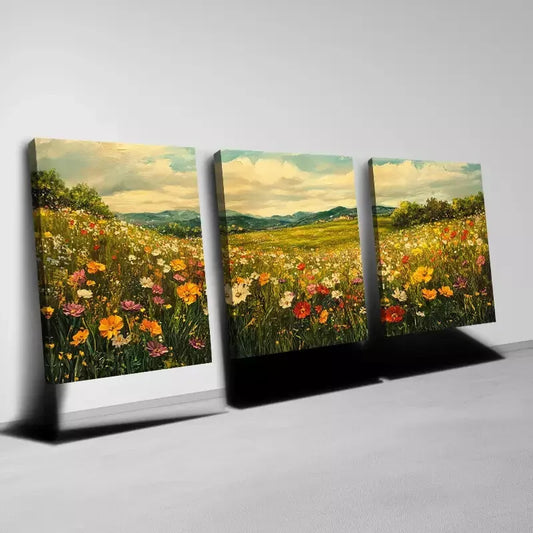 3pcs Serene Wildflowers Meadow Sky Landscape Wall Art Set Canvas Framed 40x60cm - High Quality Print 100% Australian Made Wall Canvas Ready to Hang