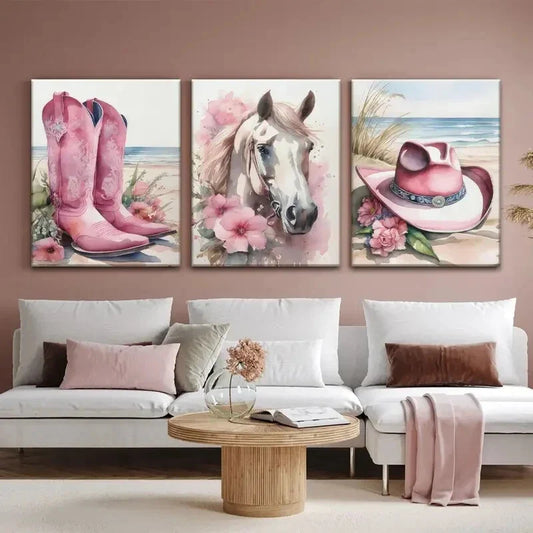 3pcs Coastal Cowboy Canvas Wall Art Western Girl  Metal Print Ready to Hang Art