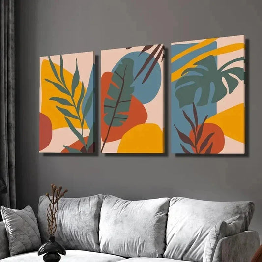 3pcs Abstract Leaves & Geometric Shapes Wall Art Set Canvas Framed 40x60cm - High Quality Print 100% Australian Made Wall Canvas Ready to Hang