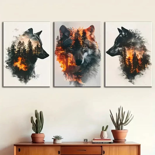 3pcs    Wolf Animal Abstract-forest Painting Wall Art Set Canvas Framed 40x60cm - High Quality Print 100% Australian Made Wall Canvas Ready to Hang