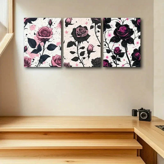 3pcs Modern Black and Pink Roses Design Metal Print Ready to Hang Art