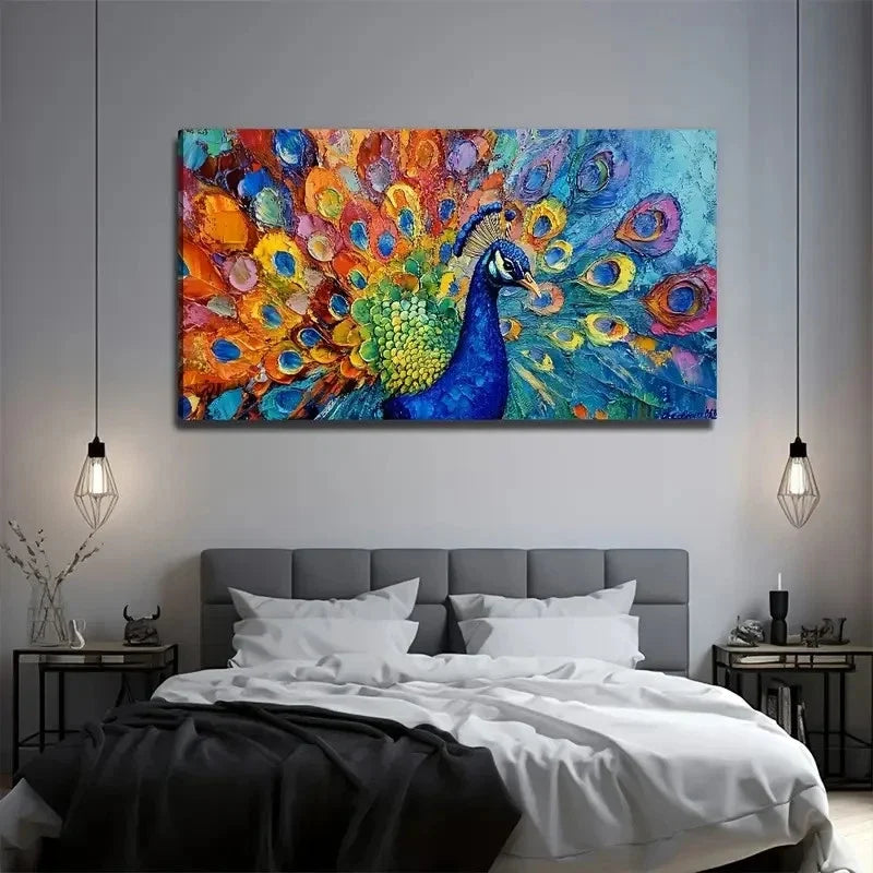 Vibrant Peacock Modern Wall Art Canvas Office Home Room Framed 120x60cm