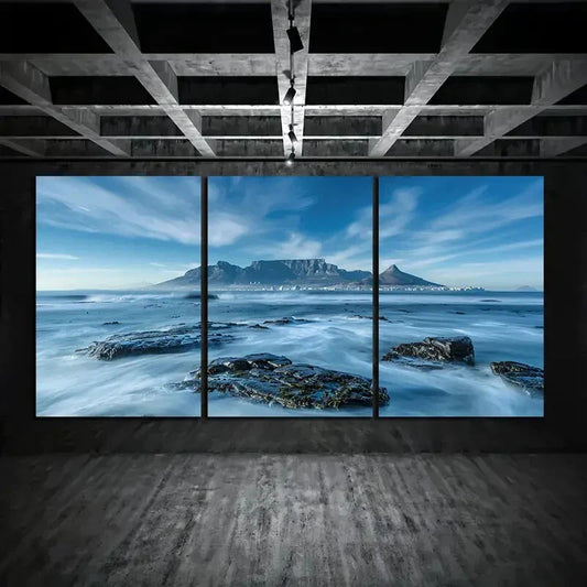 3pcs Rock and Ocean Blue Sky White Clouds Metal Print Ready to Hang Art